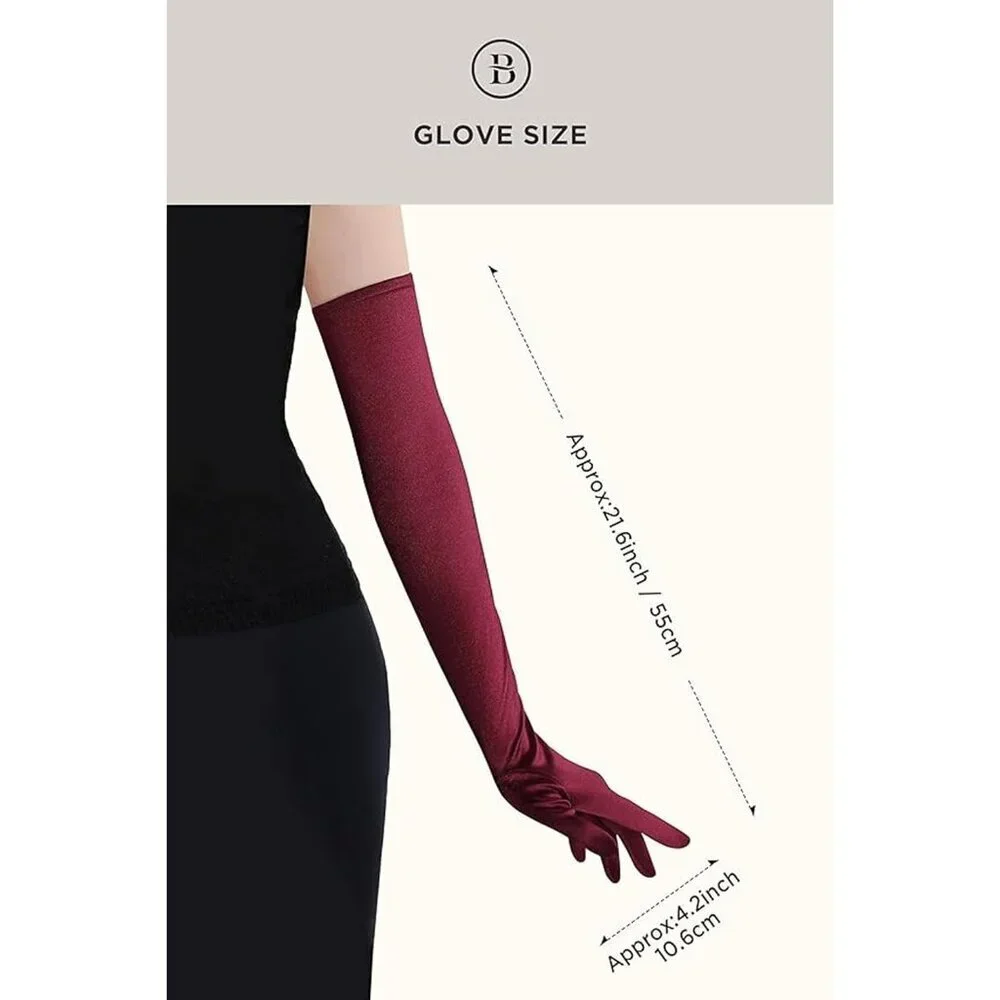 Women's Dark Red Vintage Satin Long Gloves Party Costume Stretchy Elbow Length